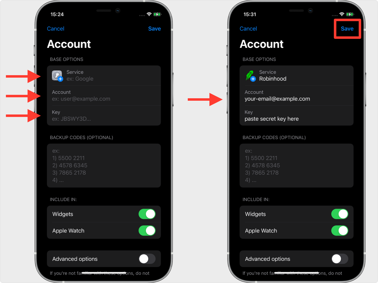 Two-step process for adding a Robinhood account to an authenticator app. The left screen highlights the fields for service name, account email, and secret key with red arrows. The right screen shows the completed account details for Robinhood, with a red box highlighting the ‘Save’ button in the top-right corner to finalize the account setup.