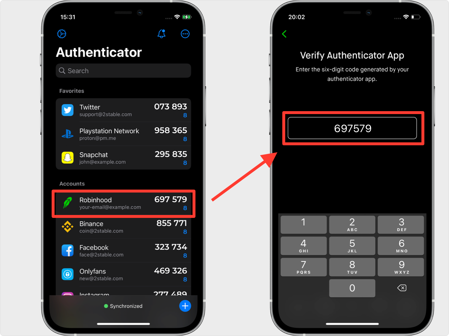 Two-step process for verifying the Robinhood account with an authenticator app. The left screen shows the Robinhood account in the authenticator app with the 6-digit Two-Factor Authentication (2FA) code. The right screen shows the ‘Verify Authenticator App’ page, with a red box highlighting the field where the 6-digit code is entered to complete the verification process.