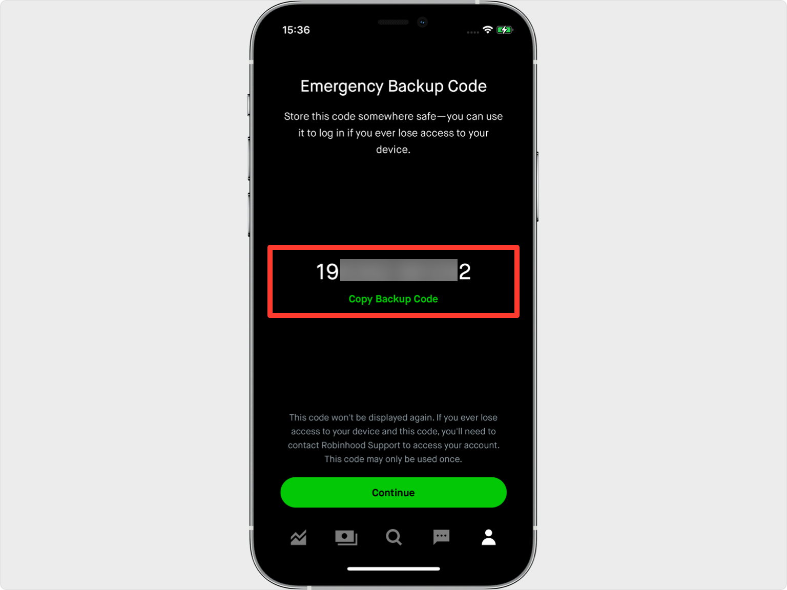 Robinhood app screen displaying an ‘Emergency Backup Code.’ A red box highlights the backup code that users are instructed to store safely in case they lose access to their device. The ‘Copy Backup Code’ option is available, and a ‘Continue’ button is shown below to proceed.